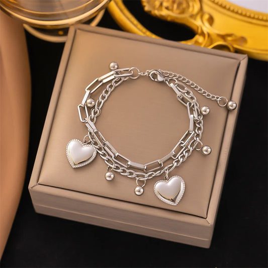316L Stainless Steel Bohemia 2 Layer Lovers Love Heart Charm Thick Chain Bracelets Bangles For Women Fashion Fine Jewelry