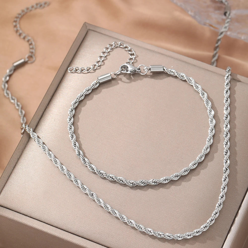 Stainless Steel Set Simple Fashion Hip Hop Twist Chain Necklace Bracelet Set Women's Jewelry Daily Commuter Accessories