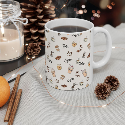 Coffee Lovers Ceramic Mug, Cute Coffee Design, Perfect Gift for Coffee Enthusiasts, 11oz & 15oz, Ideal for Any Occasion