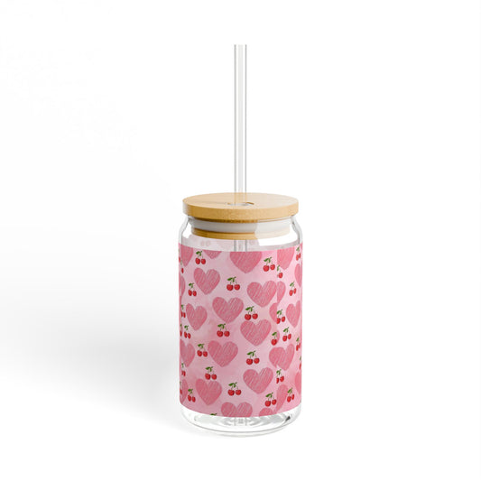 Cute Heart Pattern Sipper Glass, 16oz reusable tumbler, gifts for her, eco-friendly drinkware, Valentine's Day, kitchen decor
