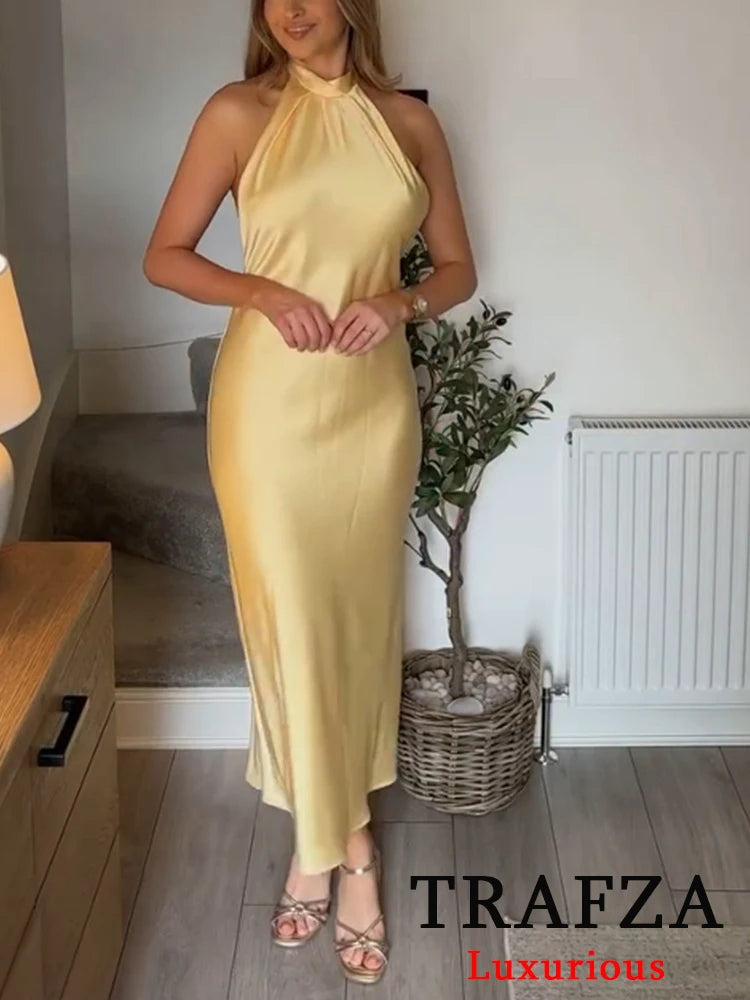 TRAFZA Sexy Chic Yellow Women Dress Solid Halter Sleeveless Backless Lace-up Long Vestidos New Fashion 2025 Spring Summer Dress