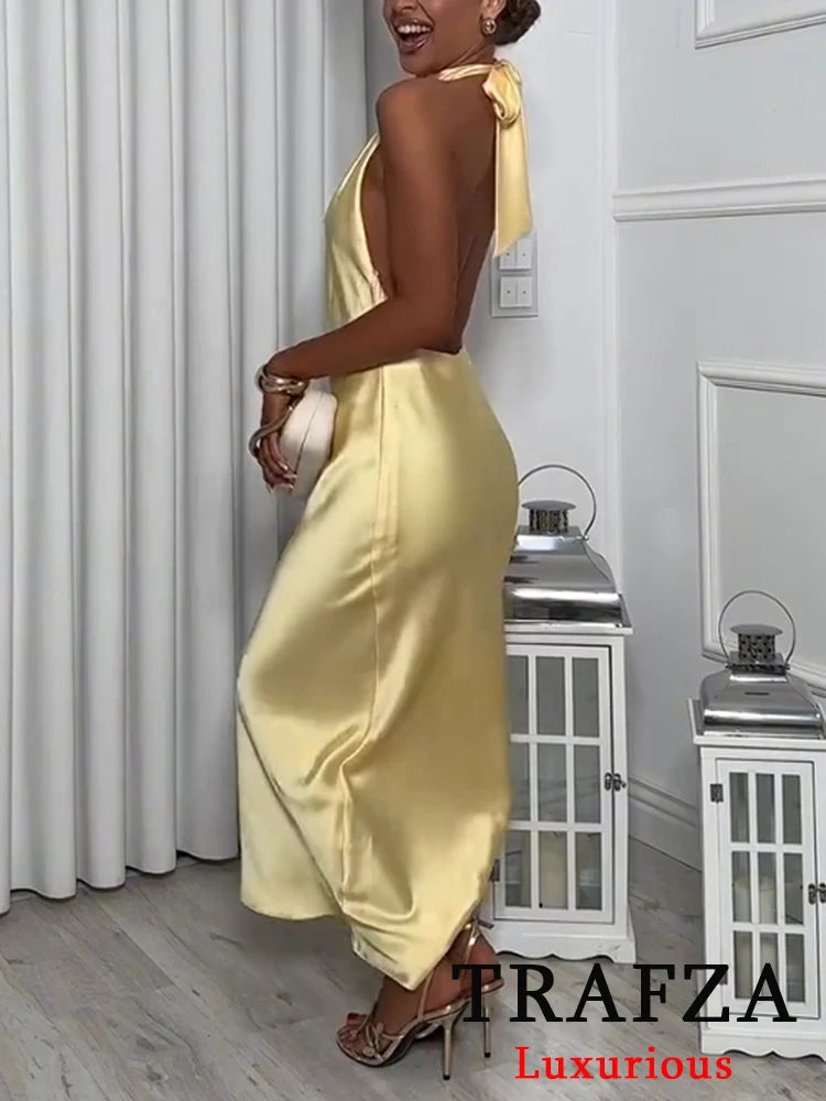 TRAFZA Sexy Chic Yellow Women Dress Solid Halter Sleeveless Backless Lace-up Long Vestidos New Fashion 2025 Spring Summer Dress