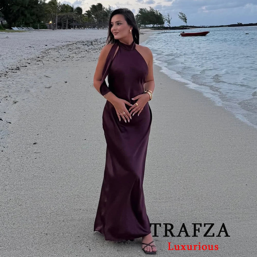 TRAFZA Sexy Chic Yellow Women Dress Solid Halter Sleeveless Backless Lace-up Long Vestidos New Fashion 2025 Spring Summer Dress