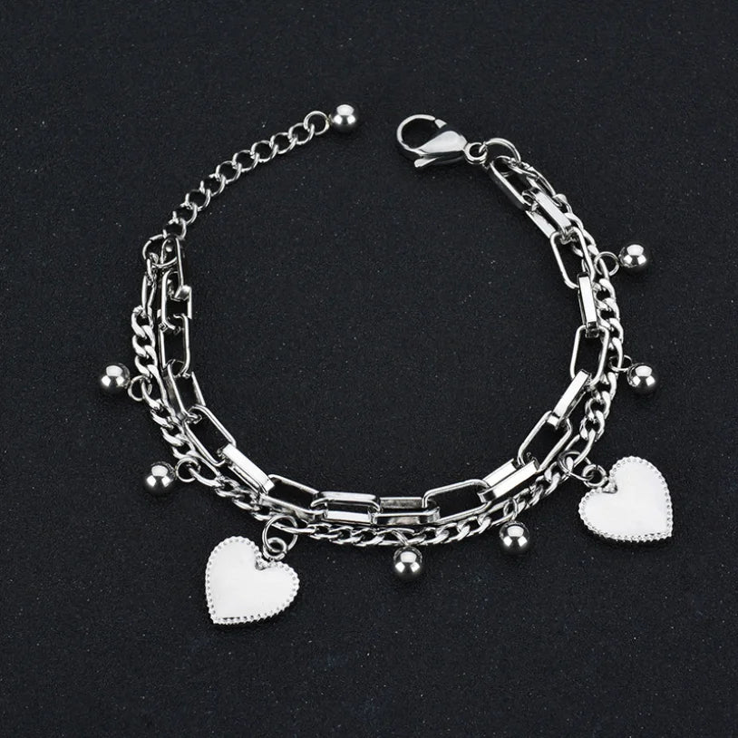 316L Stainless Steel Bohemia 2 Layer Lovers Love Heart Charm Thick Chain Bracelets Bangles For Women Fashion Fine Jewelry