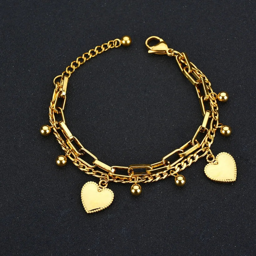 316L Stainless Steel Bohemia 2 Layer Lovers Love Heart Charm Thick Chain Bracelets Bangles For Women Fashion Fine Jewelry