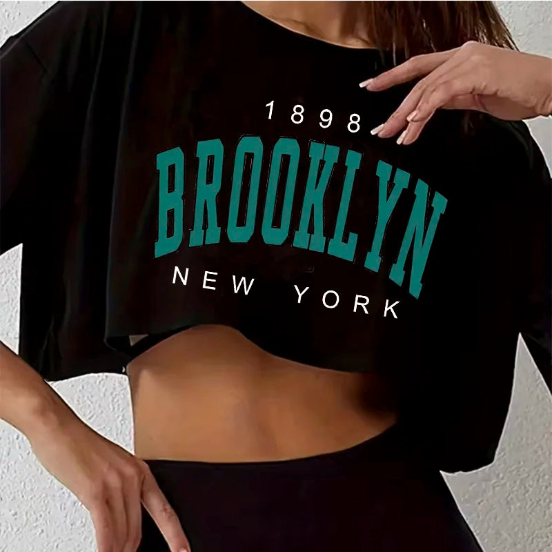 T Shirt Los Angeles Number 91 Brooklyn Graphic Round Neck Sports Crop T-shirt Casual Crop Top Women Cropped