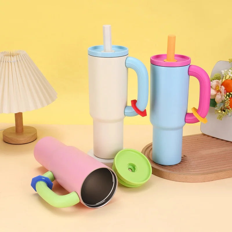 40oz 304 Stainless Steel Straw Insulated Ice Cup Large Capacity Thermal Mug Tumbler with Handle Stylish Insulated Coffee Cup