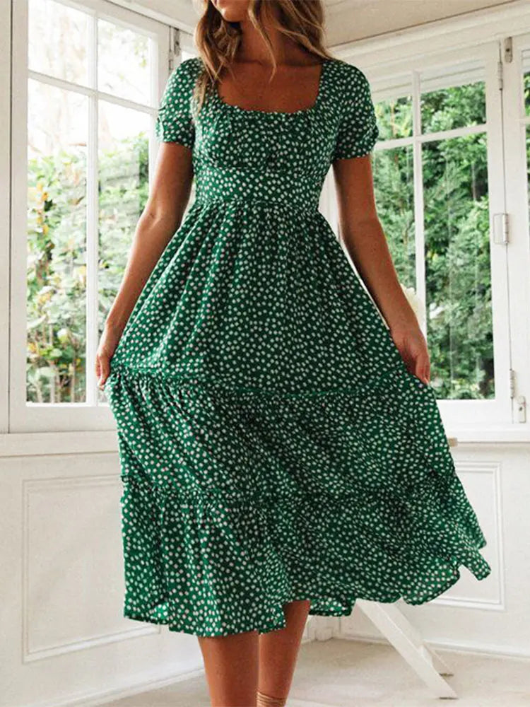 Vestidos Vintage Vintage Print Puff Sleeve summer Beach sweet dresses Casual Square collar floral maxi long dress festa