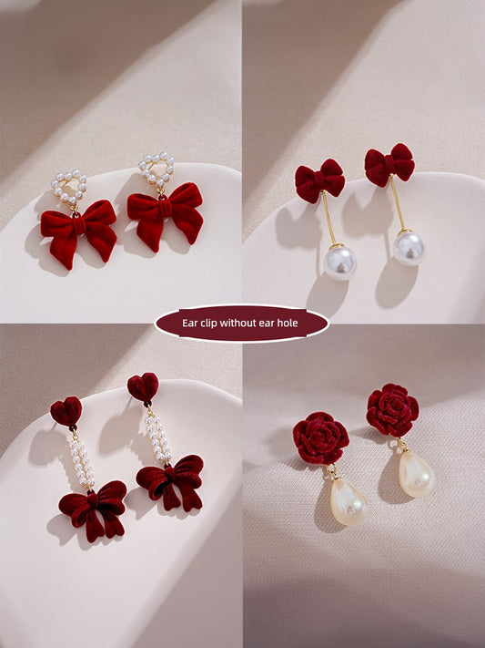 Red Velvet Bows Ear Clip without Pierced Niche Design French Vintage Earrings Classic Style Elegant Socialite Women