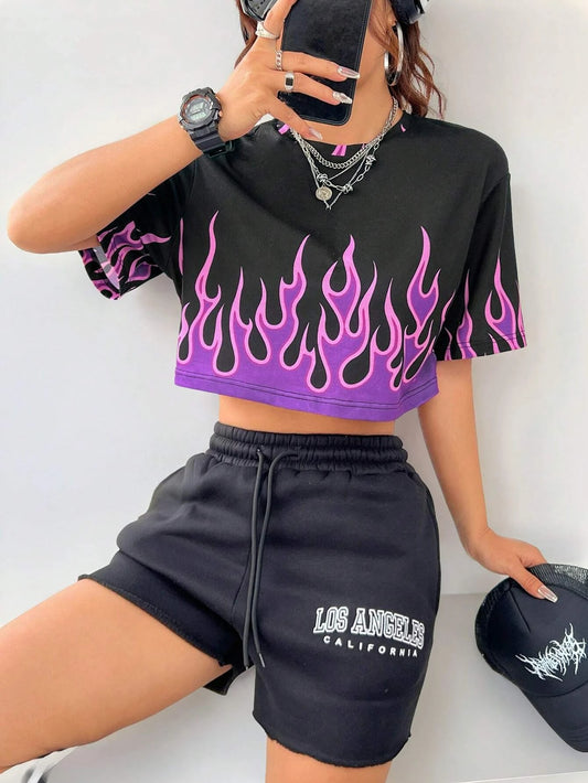 Fashion Cool Flame Print Design Crop Tee T-shirt Summer Women Casual Running Workout Crop Top Female Loose Dance Short Tshirt