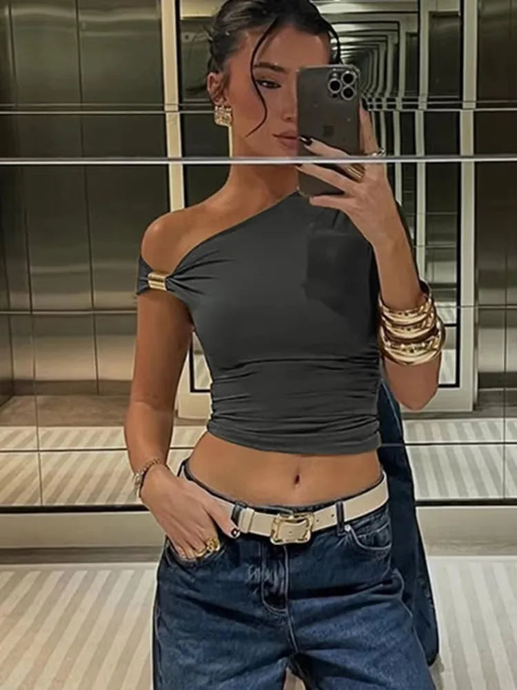 Weird Puss Irregular Off Shoulder T-Shirts Women Ruched Fashion Skew Collar Single Sleeve Daily Casual Solid Simple Streetwear