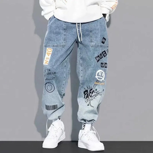 Yoaautumn New Men's Jeans Loose-fit Cartoon Print Trendy Brand Letter Printing Bunch Feet Pants Ins Drawstring Pants