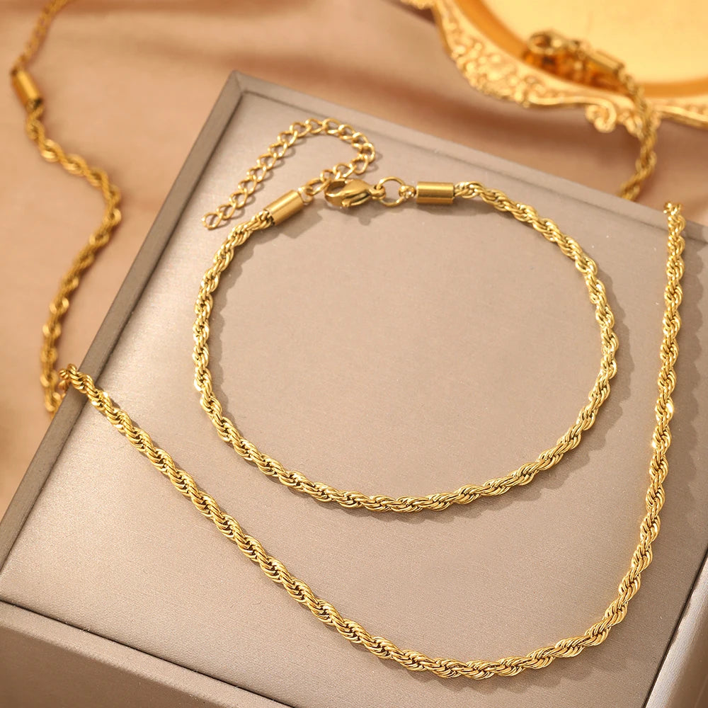 Stainless Steel Set Simple Fashion Hip Hop Twist Chain Necklace Bracelet Set Women's Jewelry Daily Commuter Accessories