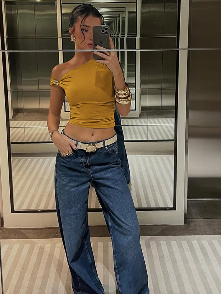 Weird Puss Irregular Off Shoulder T-Shirts Women Ruched Fashion Skew Collar Single Sleeve Daily Casual Solid Simple Streetwear