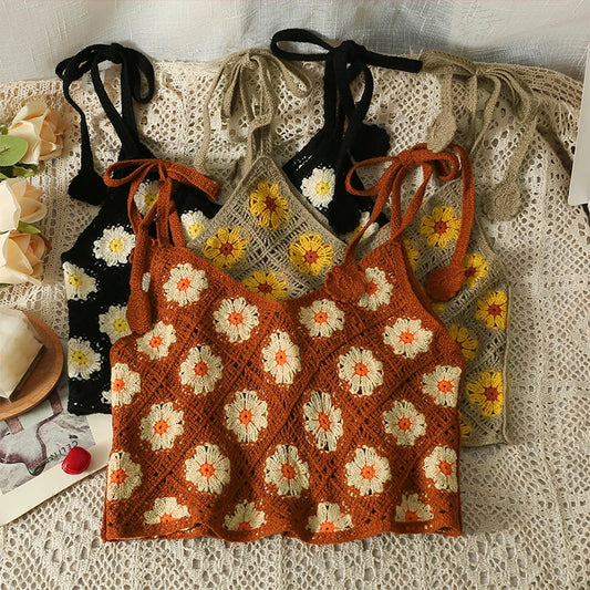 Floral Embroidery Sleeveless Crochet Top for Women Lace-up Summer Beach Sweet Girls Crop Tops Femlae French Style Tanks Dropship