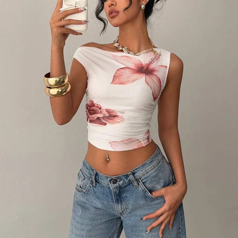 2025 Summer New Sexy Off Shoulder Women T-shirt with Simple Printed Female Slim Fit Short Tops