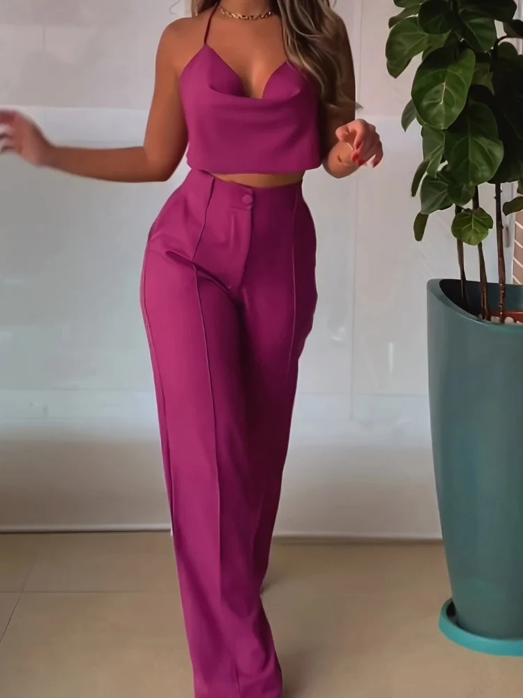 Wefads Women's Two Piece Swt Sexy Summer Solid Color Suspender Top Straight Pants High Street Suit