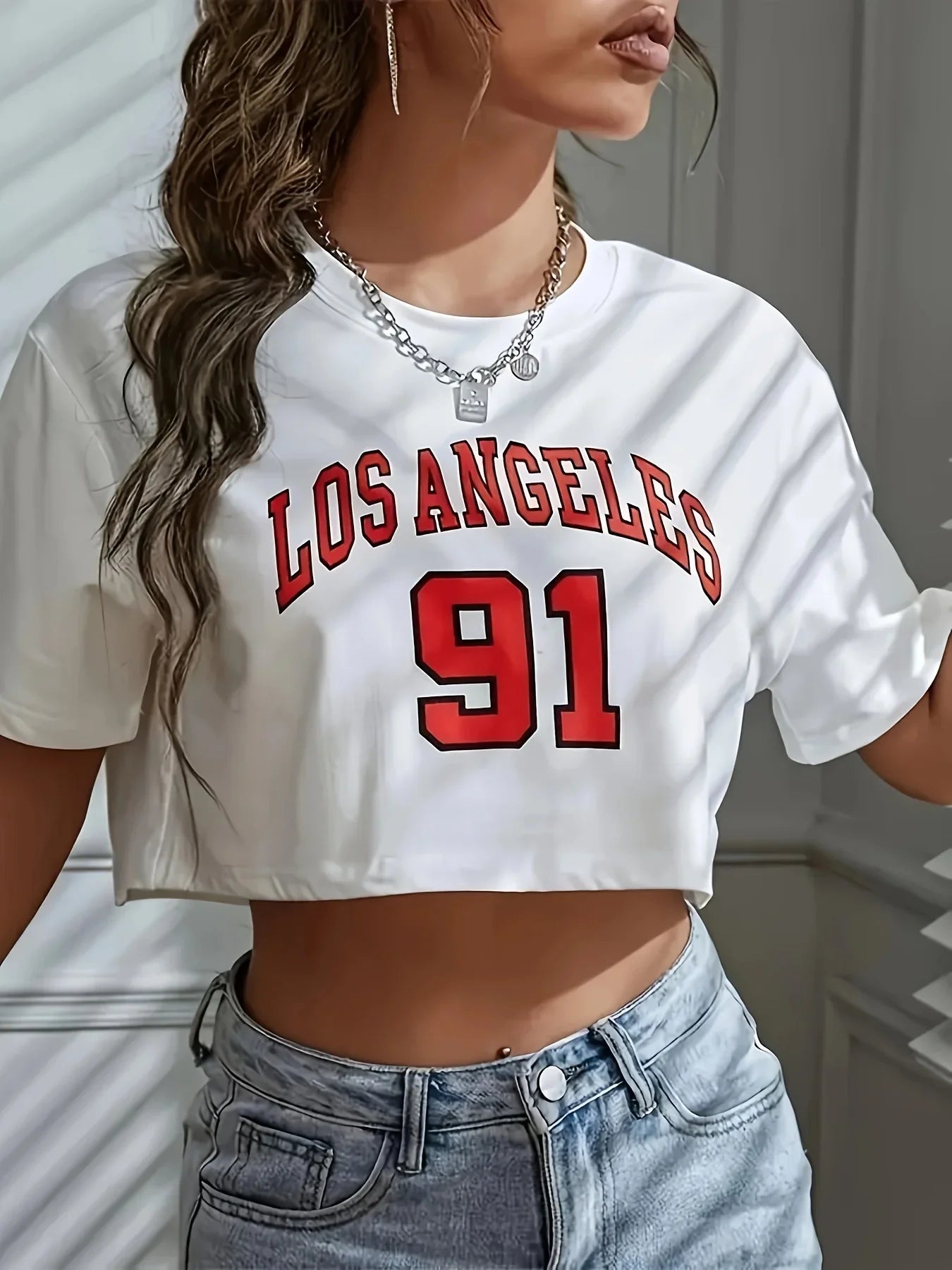 T Shirt Los Angeles Number 91 Brooklyn Graphic Round Neck Sports Crop T-shirt Casual Crop Top Women Cropped