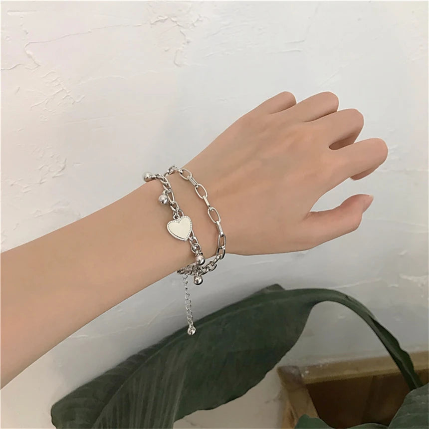 316L Stainless Steel Bohemia 2 Layer Lovers Love Heart Charm Thick Chain Bracelets Bangles For Women Fashion Fine Jewelry