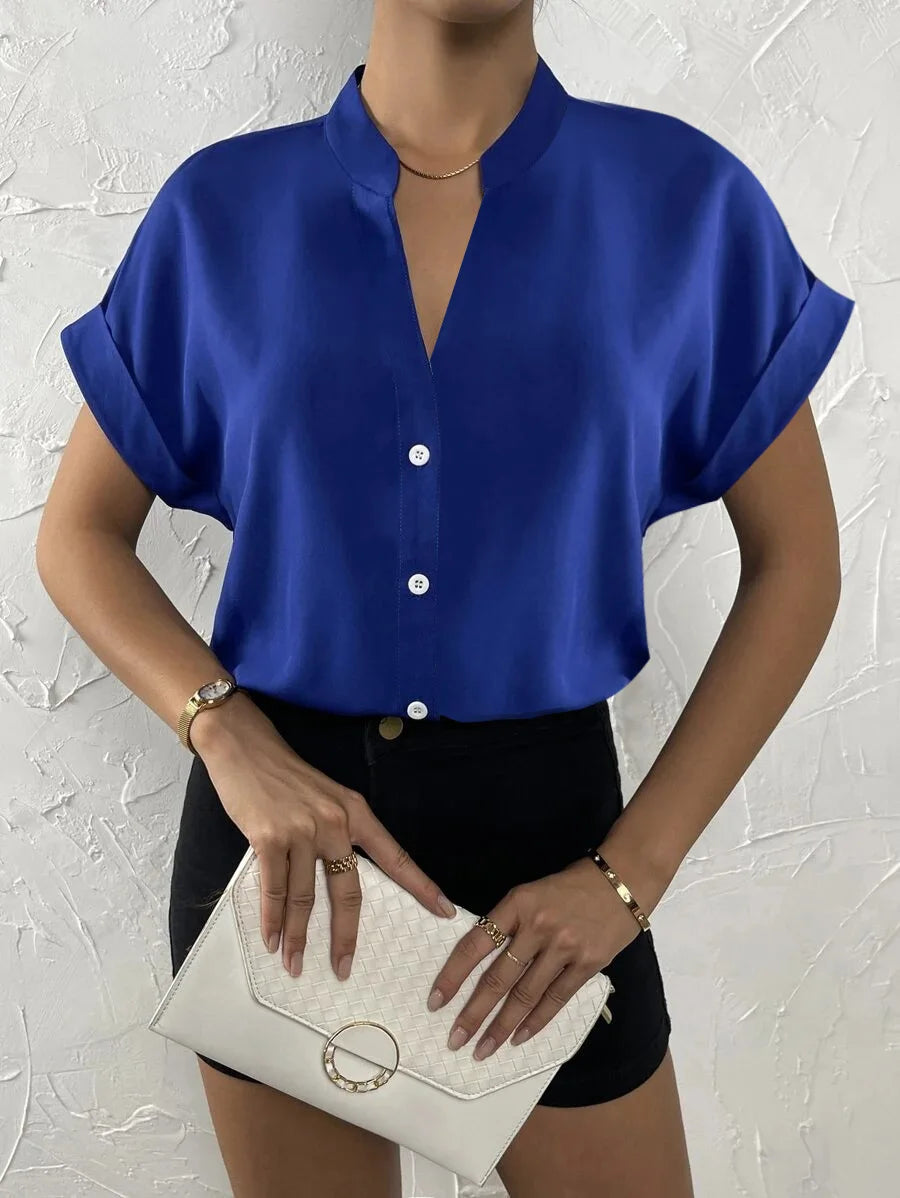 Summer New V-neck Pullover Short Sleeved Female Solid Color Casual Shirt Women's Clothing 2024 Button Office Lady Blouse Tops