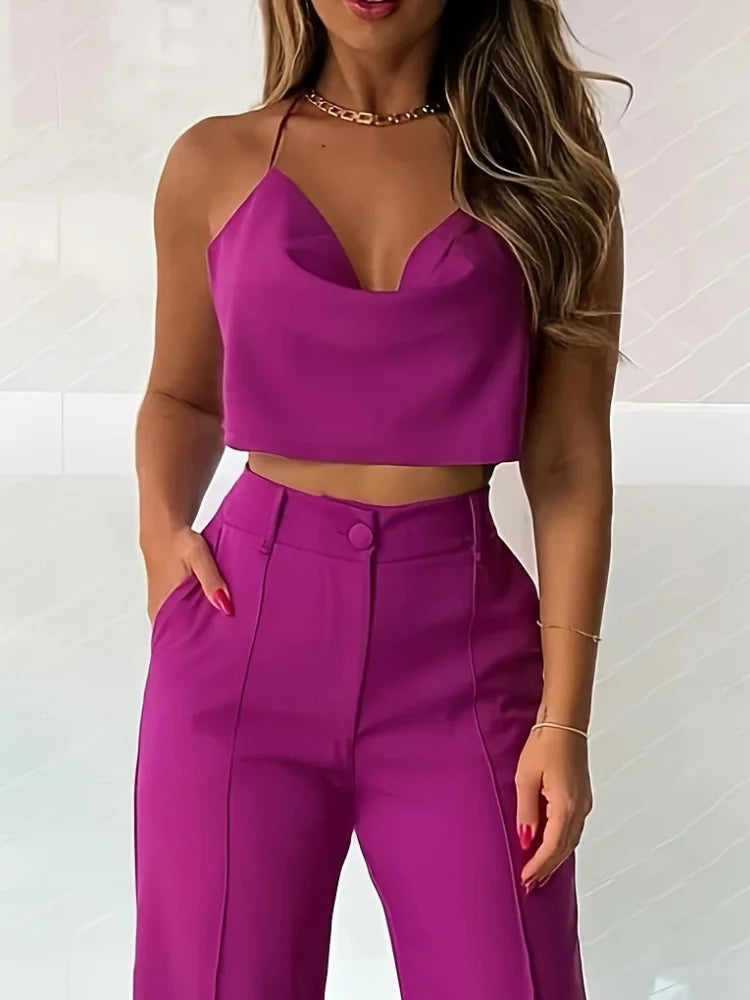 Wefads Women's Two Piece Swt Sexy Summer Solid Color Suspender Top Straight Pants High Street Suit