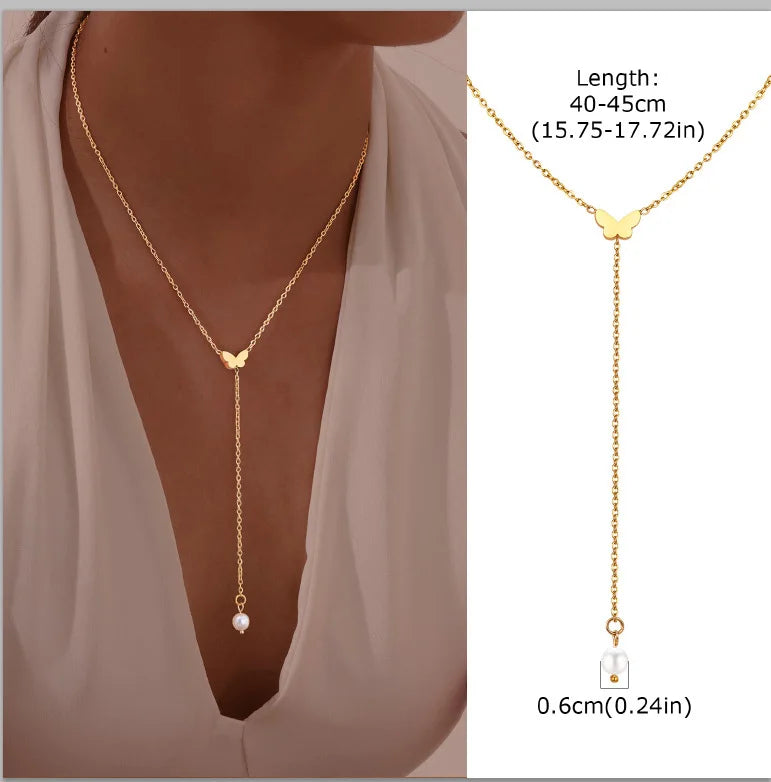 Stainless Steel Lariat Necklace Gold Plated, Dainty Long Necklace Laryered Necklaces For Women Girls, Y Shape Drop Pendant