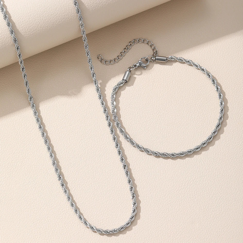 Stainless Steel Set Simple Fashion Hip Hop Twist Chain Necklace Bracelet Set Women's Jewelry Daily Commuter Accessories