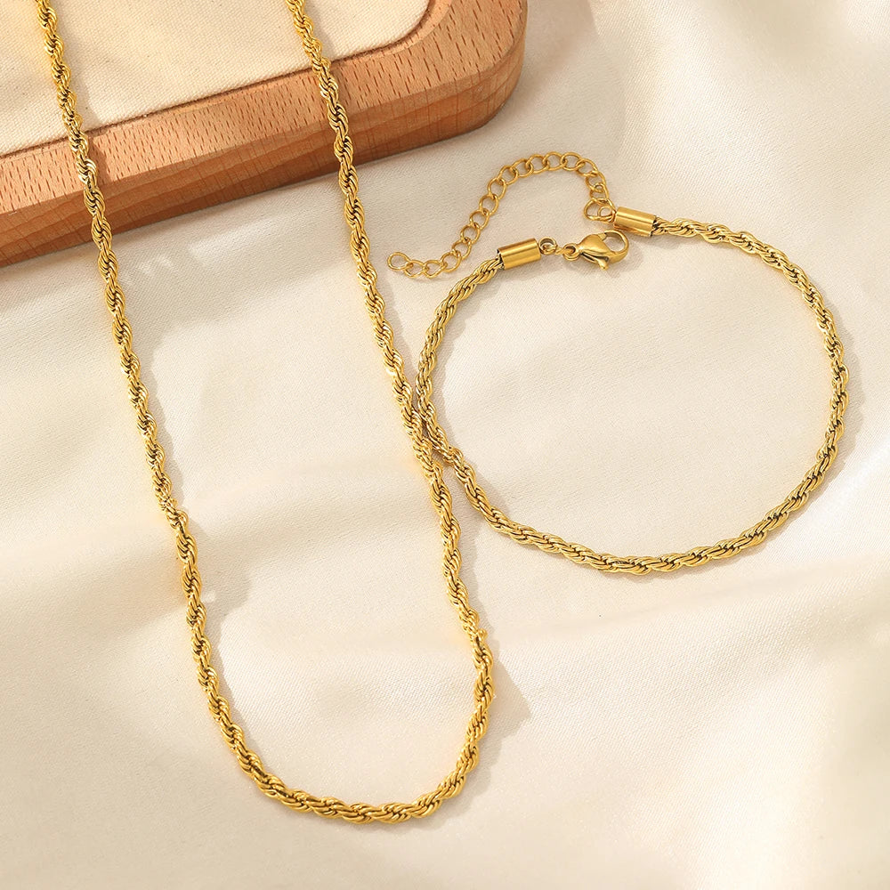 Stainless Steel Set Simple Fashion Hip Hop Twist Chain Necklace Bracelet Set Women's Jewelry Daily Commuter Accessories