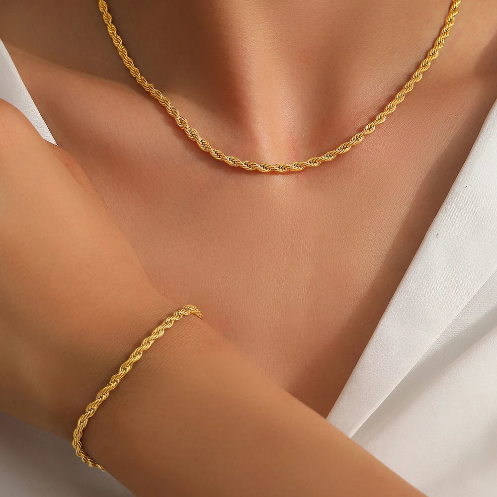 Stainless Steel Set Simple Fashion Hip Hop Twist Chain Necklace Bracelet Set Women's Jewelry Daily Commuter Accessories