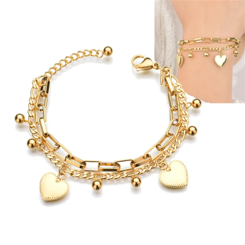 316L Stainless Steel Bohemia 2 Layer Lovers Love Heart Charm Thick Chain Bracelets Bangles For Women Fashion Fine Jewelry