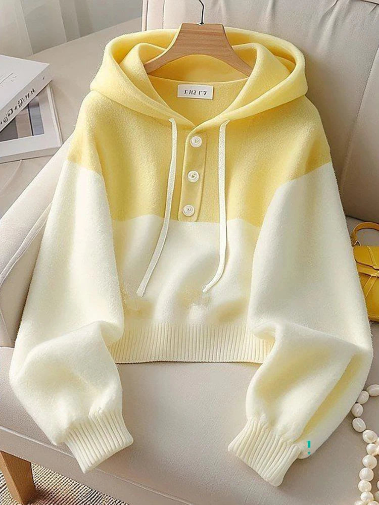 Sweet Girls' Style Casual Versatile Women's Hoodie 2024 Autumn New Fashion Color Blocked Women's Hooded Pullover Top