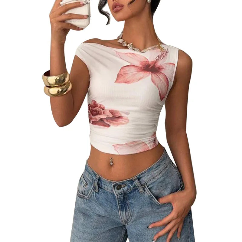 2025 Summer New Sexy Off Shoulder Women T-shirt with Simple Printed Female Slim Fit Short Tops
