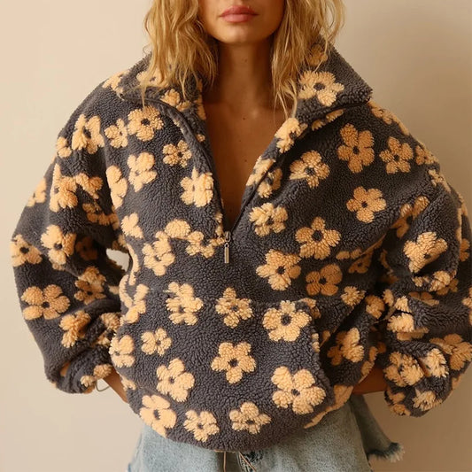 Women's Clothing 2025 Spring New Fashion Imitation Lamb Wool Print Loose Zipper Sweater Long Sleeve Top