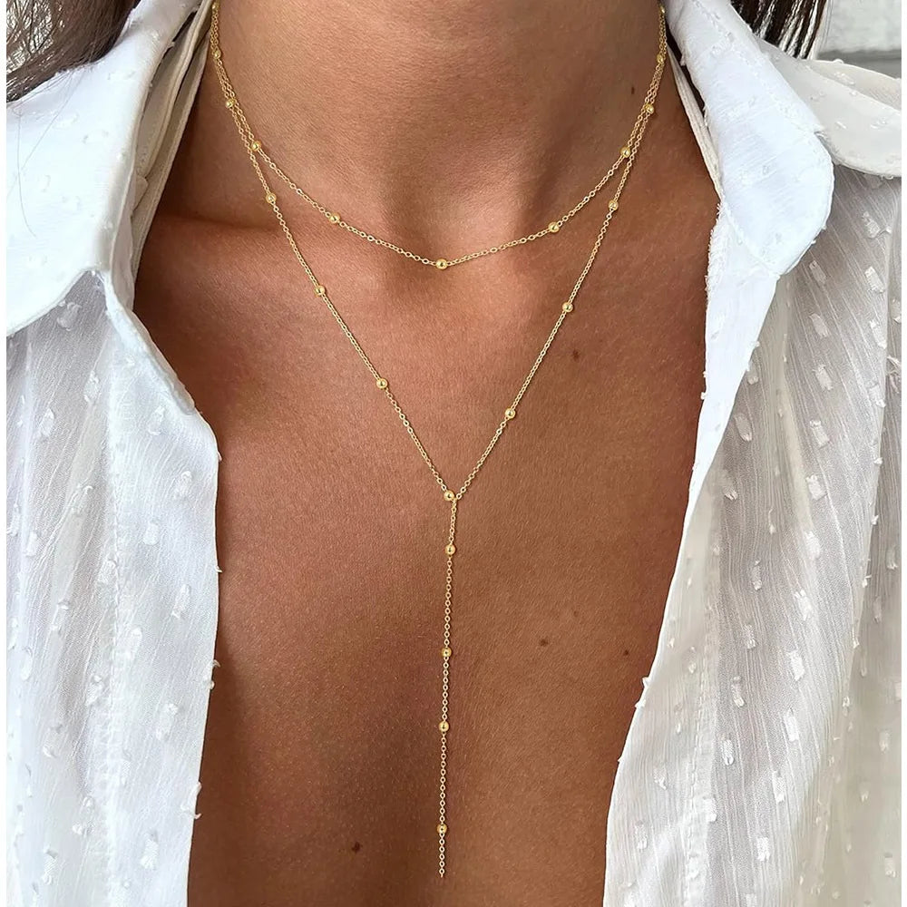 Stainless Steel Lariat Necklace Gold Plated, Dainty Long Necklace Laryered Necklaces For Women Girls, Y Shape Drop Pendant
