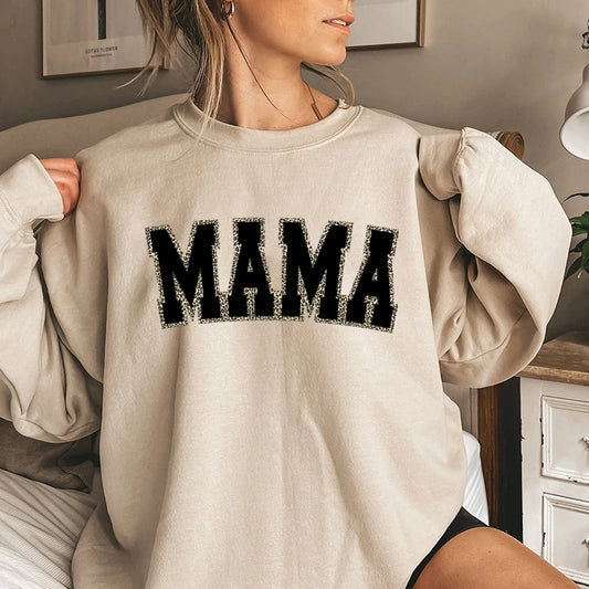 Mothers Day Gift for New Mom Autumn Sweatshirt Wildflowers Leopard Mama Retro Crewneck Sweater Cute Bow Mama Cartoon Sweatshirts