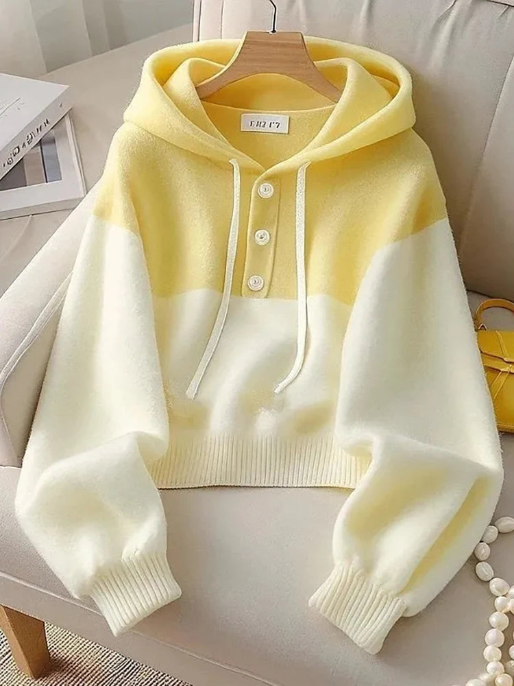 Sweet Girls' Style Casual Versatile Women's Hoodie 2024 Autumn New Fashion Color Blocked Women's Hooded Pullover Top