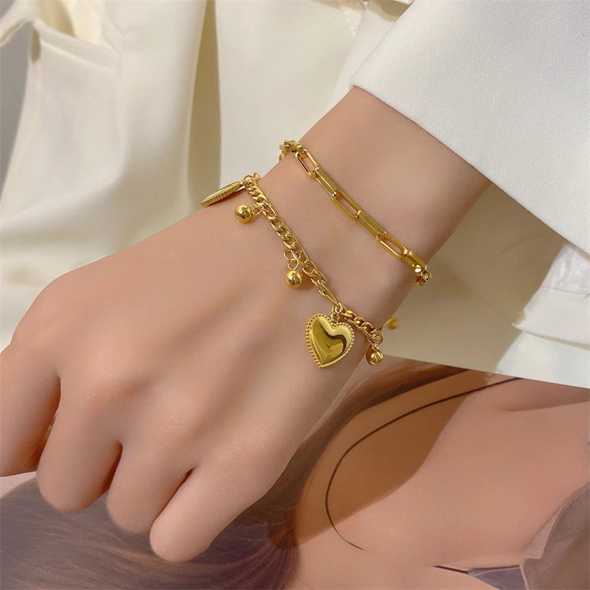 316L Stainless Steel Bohemia 2 Layer Lovers Love Heart Charm Thick Chain Bracelets Bangles For Women Fashion Fine Jewelry