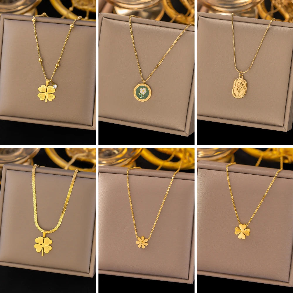 Stainless Steel Flower Pendant Necklace For Women Fashion Ladies Gold Color Clavicle Chain High Quality Jewelry Wedding Gifts
