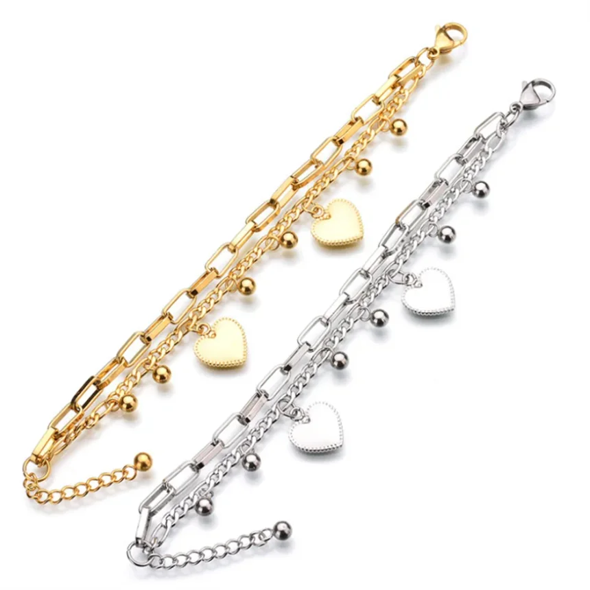 316L Stainless Steel Bohemia 2 Layer Lovers Love Heart Charm Thick Chain Bracelets Bangles For Women Fashion Fine Jewelry