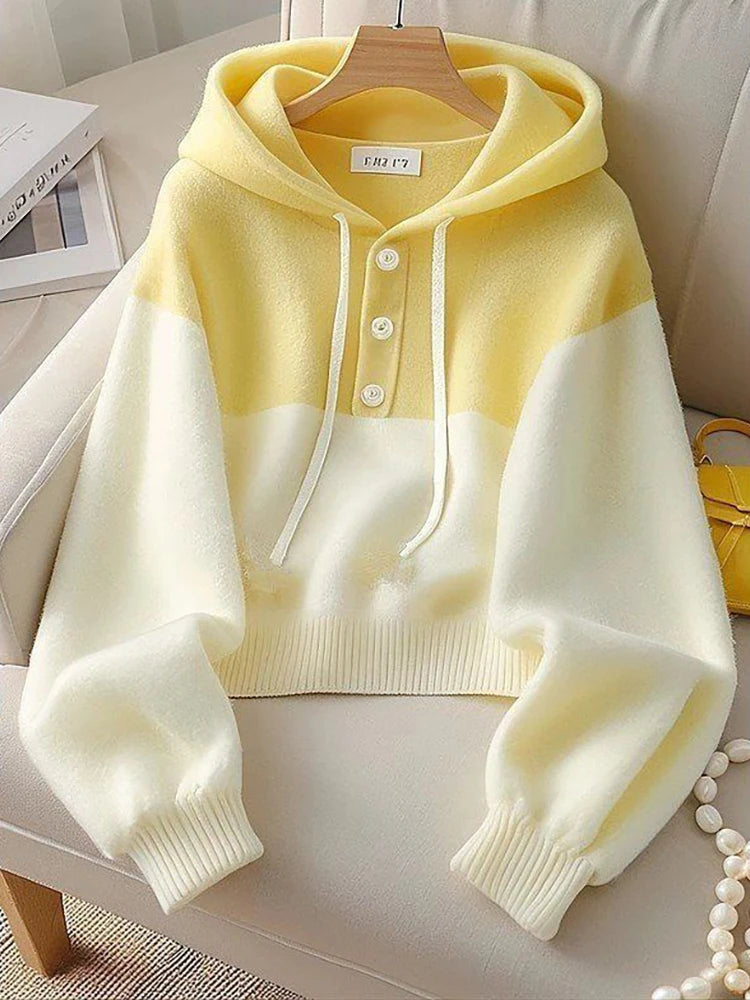 Sweet Girls' Style Casual Versatile Women's Hoodie 2024 Autumn New Fashion Color Blocked Women's Hooded Pullover Top