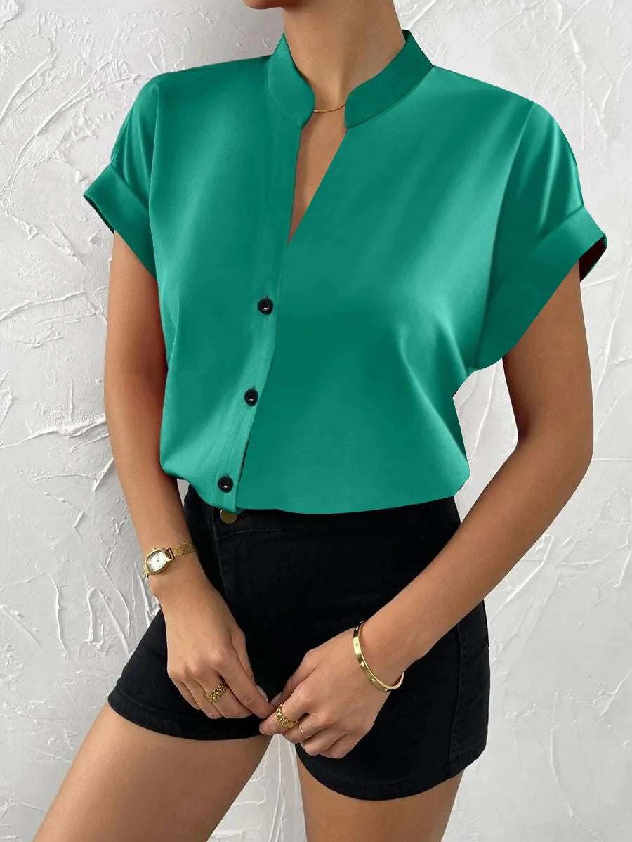 Summer New V-neck Pullover Short Sleeved Female Solid Color Casual Shirt Women's Clothing 2024 Button Office Lady Blouse Tops