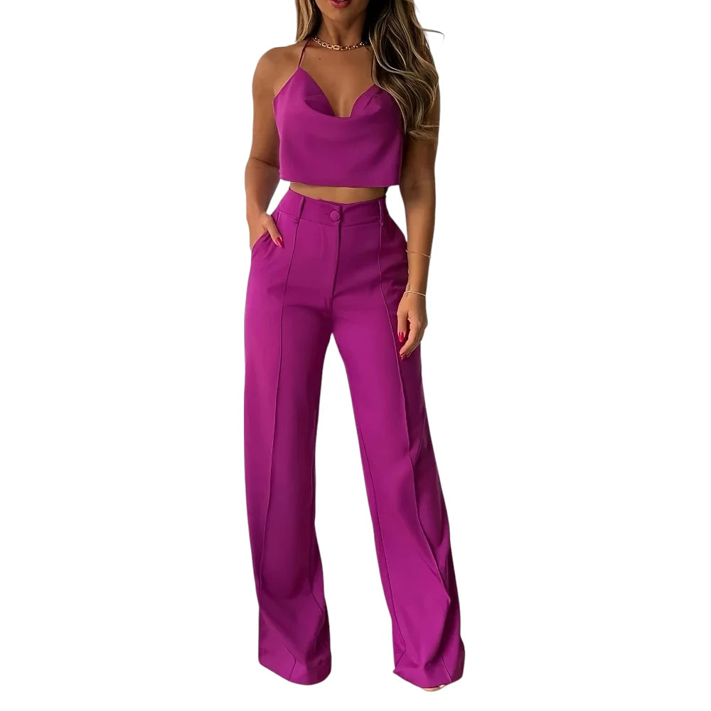 Wefads Women's Two Piece Swt Sexy Summer Solid Color Suspender Top Straight Pants High Street Suit