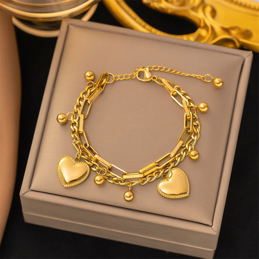 316L Stainless Steel Bohemia 2 Layer Lovers Love Heart Charm Thick Chain Bracelets Bangles For Women Fashion Fine Jewelry