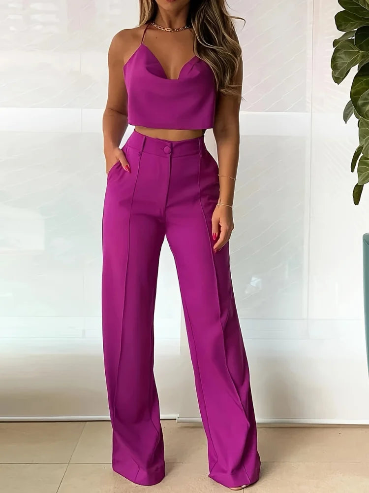 Wefads Women's Two Piece Swt Sexy Summer Solid Color Suspender Top Straight Pants High Street Suit