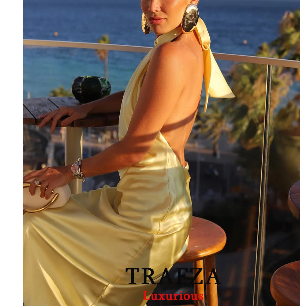 TRAFZA Sexy Chic Yellow Women Dress Solid Halter Sleeveless Backless Lace-up Long Vestidos New Fashion 2025 Spring Summer Dress